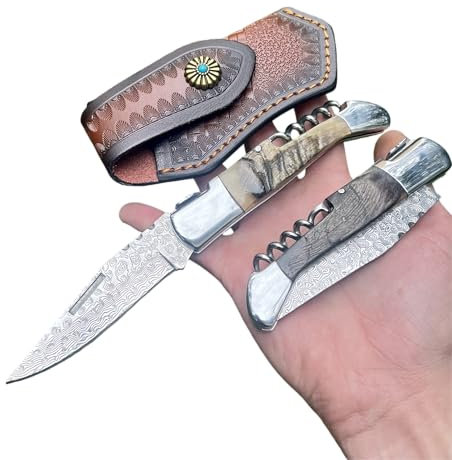 Obespina Couteau Pliant Cran Forcé Tête Corse Damas Luxe Tire Bouchon Poche Chasse Traditionnel Lame Tranchant Rasoir Manche Corne Bélier Artisanat Forgé Cadeau Homme Fête Père EDC Camping