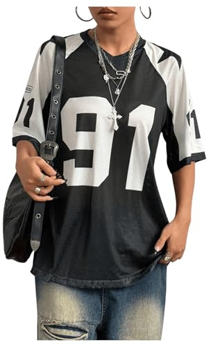 GORGLITTER Women's Letter Graphic Colorblock Oversized T Shirts V Neck Half Sleeve Jersey Tops Black Small