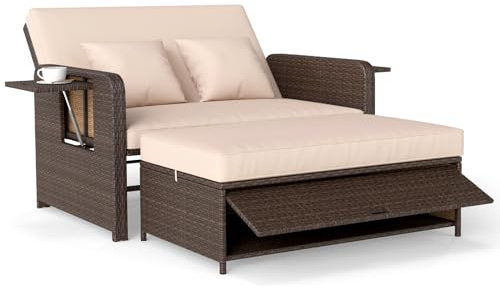 COSTWAY Rattansoffa, loungemöbel utomhus, trädgårdssoffa med liggefunktion, 2-sitsig trädgårdslounge med kudde & sidobord, polyrattan trädgårdsmöbler, balkongmöbler liten balkong (Mix Brun-beige)