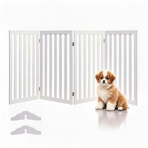 SOARS Barrera para perros, plegable y independiente, rejilla protectora para puertas y escaleras, para mascotas pequeñas y medianas, color blanco (203 x 89 cm)