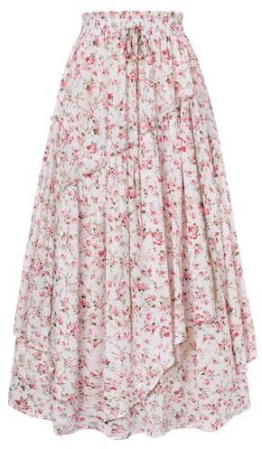 Women Floral Maxi Skirt Elastic Waist Boho Long Skirts Pink Floral L