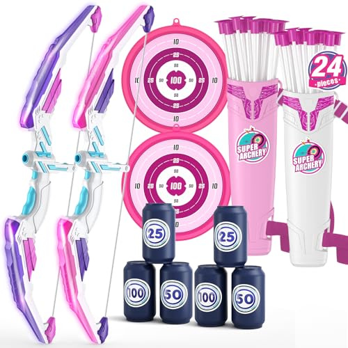 HYES 2 Pack Bow and Arrow for Kids, LED Light Up Archery Set with 24 Suction Cup Arrows, 2 Hanging Targets, 6 Score Targets & 2 Quiver, Indoor Outdoor Sport Toys for Girls Ages 4-12