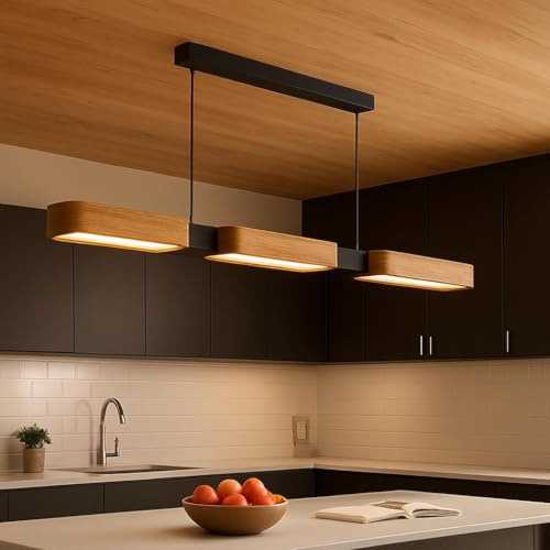 Epochglo Pendelleuchte Esstisch 90 cm, Moderne LED Esszimmer Hängelampe Holz, Fernbedienung Dimmbare Timer Nachtautomatil Linear Design 25W