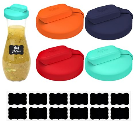CHEFAID Silicone Replacement Lids Fit Good Seasons Cruet, Shake It No Spills, Pour Spout Lids for Salad Dressing Shaker Bottle with Labels, BPA-Free & Airtight - Cruet Not Included (Mix1, 4 Pack)