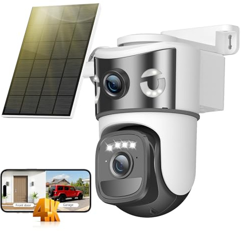 Calike 8MP Telecamera Wi-Fi Esterno Senza Fili con Pannello Solare,Doppio Obiettivo Videocamera Sorveglianza WiFi, 2.4G/5GHz,Visione Notturna a Colori,Rilevamento Umano PIR,Audio Bidirezionale,IP66