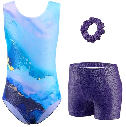 Arshiner Body Ginnastica Bambina Blu Set Danza Ritmica Artistica Tuta Sportiva Senza Maniche Shorts Metallizzati Fascia Capelli Elastico Abbigliamento Balletto Spettacolo Bambina 7-8 Anni