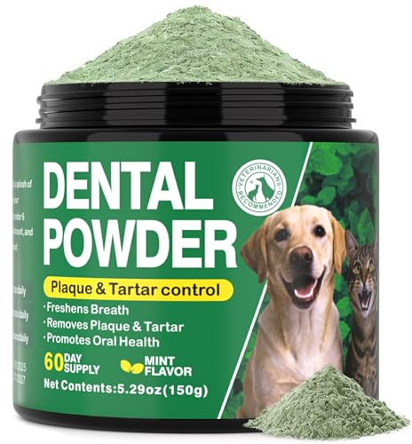 Dog Dental Powder for Teeth Cleaning - Fresh Mint Breath Freshener & Teeth Cleaner - Plaque & Tartar Remover Food Topper - No Brushing Oral Care Support for Bad Breath Control (150g)