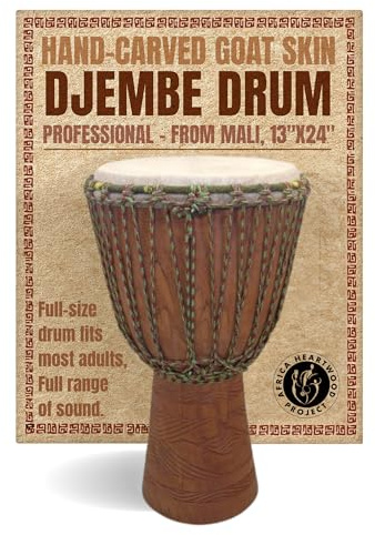 Africa Heartwood Project Hand-Carved Professional Djembe Drum from Mali - 13x24 Full-Size Percussion Instrument with Premium Sound, Solid Hardwood & Natural Goat Skin