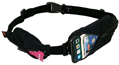 SPIbelt Double Pocket Running Belt, Women Men, Expandable Dual Pockets, Adjustable Waist, No Bounce, Black with Black Zipper