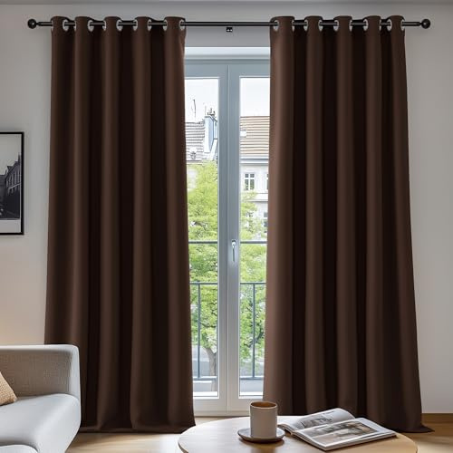 Deconovo Wide Blackout Curtains Ring Top Super Soft Thermal Insulated Eyelet Curtains for Bedroom 90 x 90 Inch Drop Chocolate 1 Pair