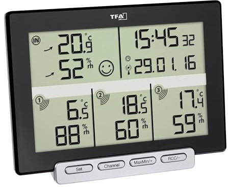 TFA Dostmann Multi-Sens Funk-Thermo-Hygrometer, mit 3 Sendern, zur Kontrolle von Raum- und Außenklima, Tendenzanzeigen, Höchst- und Tiefstwerte, L 157 x B 42 x H 120 mm