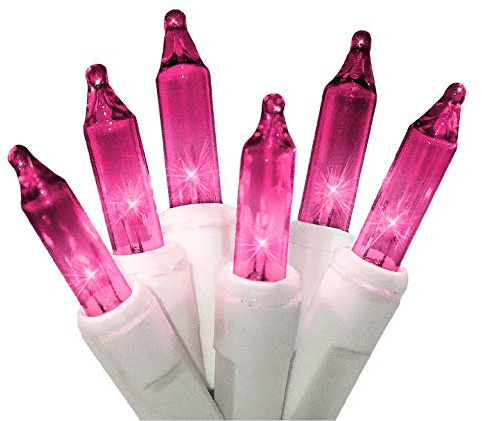 612 Vermont 100 Pink Christmas Lights on a White Wire String, UL Approved, Indoor/Outdoor Use, 18’ of Lighted Length, 20’ of Total Length