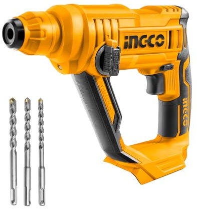 INGCO Martillo Perforador Inalámbrica 20V Con Batería y cargador Professional Martillo perforador con 3 brocas SDS-Plus, 1.5J Φ13 máxi en hormigón, 2 en 1 rotación, luz LED (Sin batería)