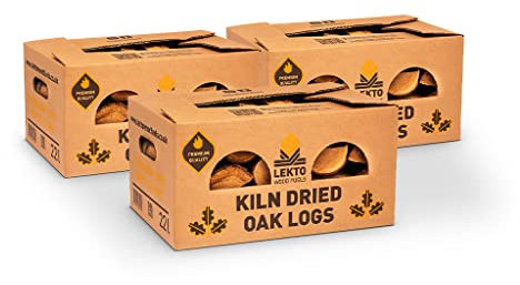 Lekto Woodfuels 3 Boxes of Kiln Dried Oak Logs | 27 KG | Perfect for Pizza Ovens and Fire Pits| Chunky Logs | 25cm Long | Plastic Free Packaging | Less than 15% Moisture