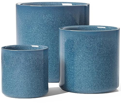 LE TAUCI 15+20+25 cm Plant Pots Set, Ceramic Planters for Indoor Plants, Mid-Century Modern Flower Planter Pots with Drainage Hole and Plug, Cylinder Round Planter Pots, Set of 3, Reactive Glaze Blue