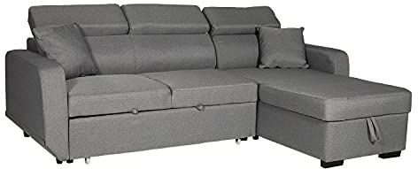 Happy Garden Canapé d'angle Convertible Warren 3 Places en Tissu Gris. Canapé avec méridienne réversible, Appui-tête réglable et Coffre de Rangement.
