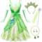 IWFREE Mädchen Prinzessin Tiana Kostüm Cosplay Froschprinzessin Schulterriemen Maxi Abendkleid mit Handschuhen und Stirnband Outfits für Kinder Halloween Karneval Geburtstag Party Verkleidung Costume