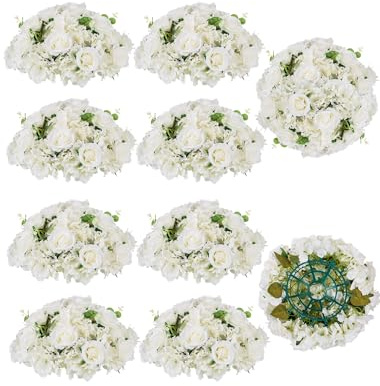 BLOSMON Wedding Flower Centerpieces for Tables: 10 Pcs 15.7 Large White Rose Hydrangea Artificial Flowers Ball Decorations - Faux Silk Floral Bouquet Arrangement for Home Party Event Decor