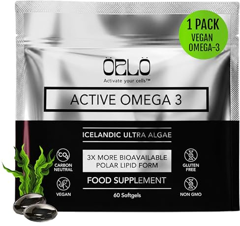 Orlo Vegan Omega 3 Algae Oil 1000mg - Natural Icelandic Nordic Omega-3 EPA & DHA Supplement - Fish Oil & Krill Alternative for Heart & Brain – 60 Easy-to-Swallow Burpless Mini Softgels