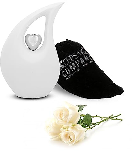 KEEPSAKE COMPANY Urne funéraire moyenne en forme de larme blanche pour cendres humaines avec cœur argenté (15,2 cm de hauteur) –unique de taille moyenne – Petite urne pour animal domestique, blanc mat