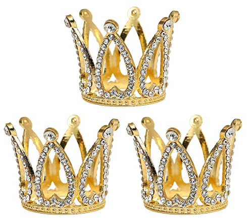 Decorazione per torta a corona, 3 pezzi piccoli strass corona decorazione per torta dorata, argento e corona per feste di compleanno, torta nuziale, principessa principe, copricapo (oro)