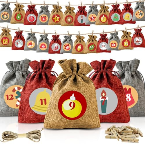 Adventskalender zum Befüllen,24 Adventskalender Selber Befüllen Stoffbeutel Weihnachtskalender 2025 Jutesäckchen 18 x 13 cm Groß Weihnachtsdeko Tüten/Geschenktüten Weihnachten mit