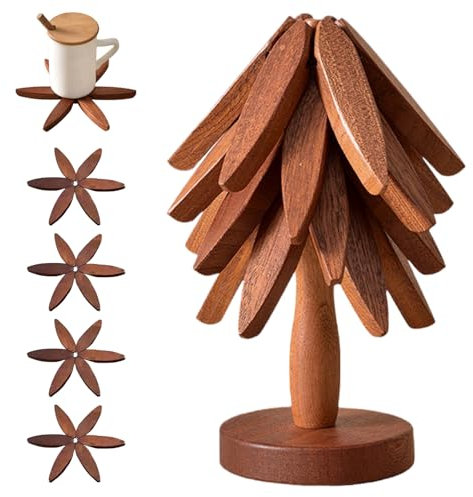 Salvamanteles de Madera para Platos Calientes - Juego de 4 salvamanteles + 1 Soporte, almacenados como un árbol de Navidad (Madera de Nogal)