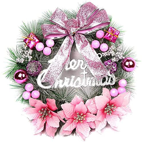 AYOROF Weihnachtskränze für Haustür, 40 cm Weihnachtstürkranz Winter Künstliche Weihnachtsgirlande Dekoration mit Bogen Blumen Ball für Innen-Weihnachtsdekoration im Freien (Rosa)