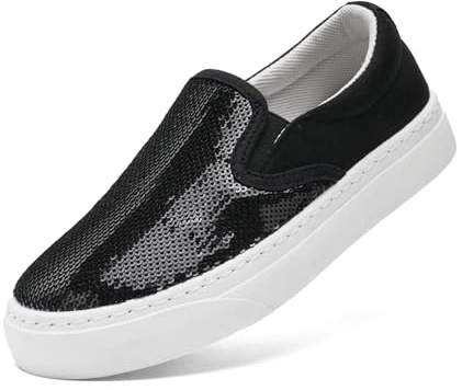 vinnercoco Women's Canvas Slip On Shoes Glitter Sequin Sneakers Sparkly Flat Loafers Casual Comfortable Tennis Shoes for Women(Black 233)