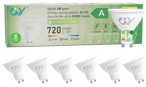 GY Bombilla Led GU10 4W(Equivalente a 60W), Luz Blanca Neutra 4000K, 720 Lúmenes, Ángulo de haz de 110°, No Regulable, Bombilla Bajo Consumo Clase A, Pack de 6