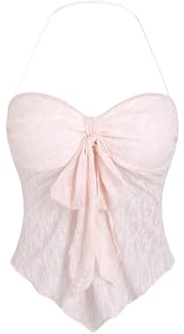 GORGLITTER Women's Y2k Going Out Babydoll Top Bow Knot Asymmetrical Lace Halter Tops Sexy Backless Summer Outfits Pink M