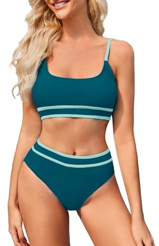 TcIFE Tvådelad baddräkt för kvinnor - sexig hög midja bikiniset med push up, strandkläder för kvinnor, Grön, M