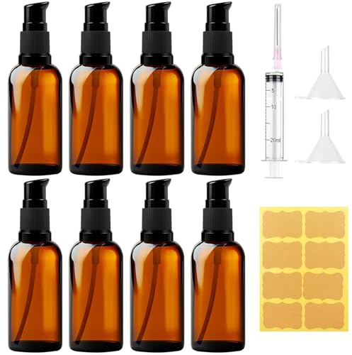MirraSwit 8 st 50 ml tomma glasflaskor i brunt, bärbar finfördelare, sprejflaskor för resepump, med foder, sprutor, klistermärken för aromaterapi, eteriska oljor