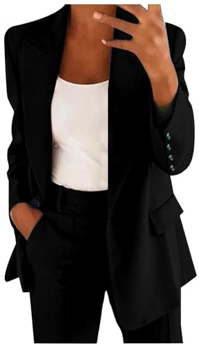 Conjunto de Traje Talla Grande, Trajes de 2 Piezas para Mujer Elegante, Chaqueta de Manga Larga con Bolsillos Blazer y Pantalones Corte Ajustado Color Sólido Elástico Trabajo Oficina