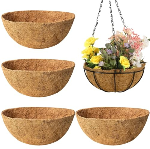 HIULLEN 4 forros redondos para cestas colgantes, forro de coco con forma de copa de 12 pulgadas, forro redondo de coco, forro de repuesto de fibra de coco para plantas de jardín, flores, balcones