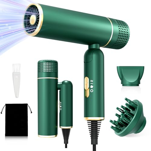 Sèche-Cheveux Ionique Pliable, Sèche Cheveux de Voyage Léger avec Diffuseur et Concentrateur, Protection Température Constante, Convient à Tous Types de Cheveux, Vert