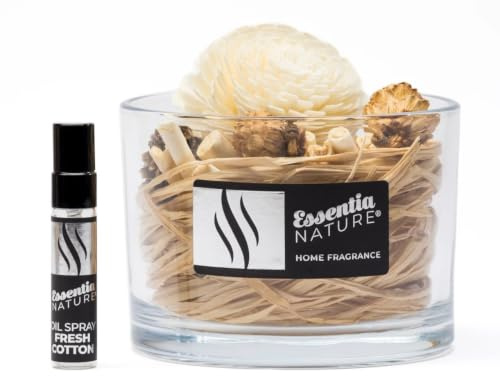 ESSENTIA Pot Pourri Profumato per Ambienti con Spray da 5 ml | Fragranza Fresh Cotton | Profumatore Decorativo in Vaso di Vetro, Decorazione Casa Elegante con Elementi Naturali