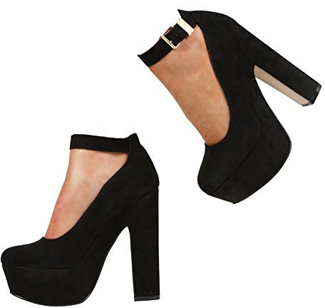 New Womens Ladies Platform HIGH Chunky Heel Ankle Strap Court Shoes Size 3-7 Black Suede