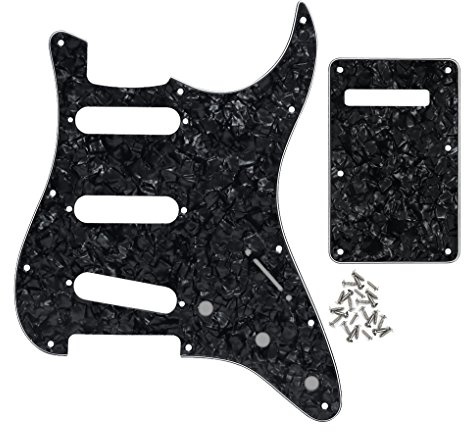FLEOR Set of 11 Holes SSS Style Pickguard and Tremolo Cavity Cover Back Plate with Screws for US/Mexican Standard ST Guitar Parts,4Ply Black Pearl