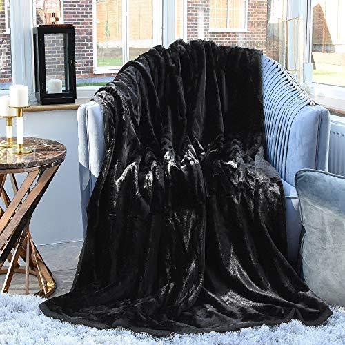 EVELYN LIVING DOUBLE - BLACK LUXURY FAUX FUR MINK THROW SOFT WARM FLEECE BLANKET DOUBLE KING SINGLE SOFA BED