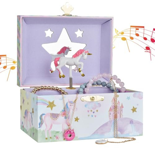 Jewelkeeper Girls Jewellery Box - Unicorn Music Box for Kids with Pullout Drawer, Pink Jewellery Organizer for Girls with Rainbow Design, Plays The Beautiful Dreamer Tune - 15x10.8x8.6 cm