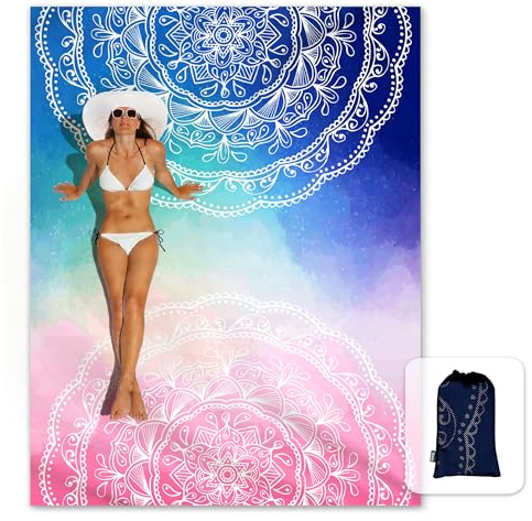 Sunlit Couverture de Plage Douce et Soyeuse, Tapis Anti-Sable avec Poches d’Angle, Sac en Maille, pour fête de Plage, Voyages, Camping et Festival de Musique - Mandala, Bleu et Rose, 270 x 205 cm