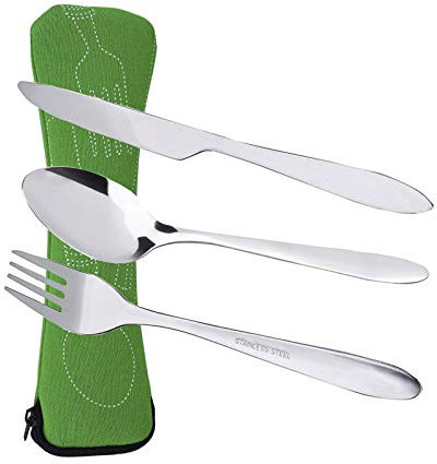 Prettyui Silverware Cutlery Set Stainless Steel with Organizer Bag Travel Camping Flatware Dinnerware Tableware Kit with Storage Lunch Box for Picnic School Knife Fork Spoon Set Green Case（3 Pack）