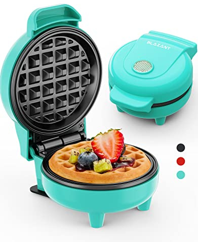 Waffle Maker Mini Small Compact Design, Breakfast Waffle Iron Machine Nonstick Coating, Snack Chaffle Hash Browns Round 4 Inch 550W, Blue BLAZANT