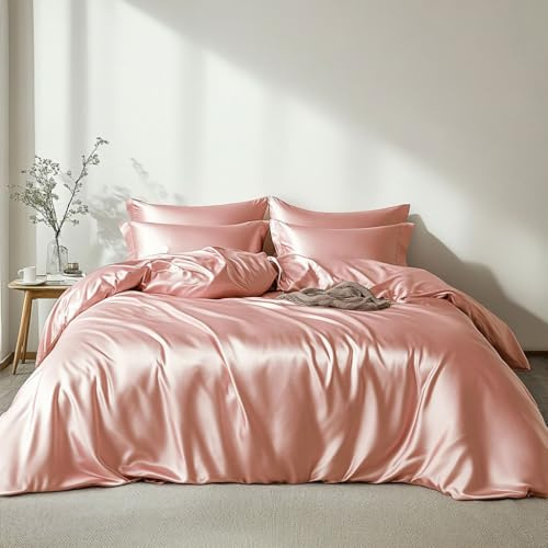 Lanqinglv - Funda nórdica de 220 x 240 cm, color rosa con 2 fundas de almohada de 65 x 65 cm, juego de cama para adulto, 2 personas, ropa de cama de satén de seda sedosa brillante con cremallera