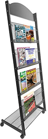 MYOYAY 1.5M Floor-Standing Magazine Rack 4-tier Newspaper Holder Book Display Shelf, Magazine Holder with Wheels,Literature Display Stand with 4 Pockets for Exhibitions Malls Hospitals Offices