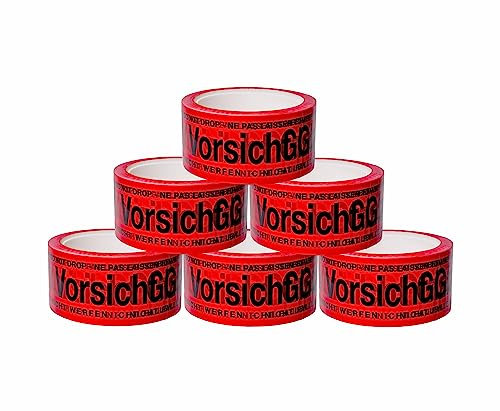 BIGtec 6 Rollen Paketklebeband Vorsicht Glas Klebeband Packband Paketband Verpackungsband Kartonband Standard 66m lang 48mm breit rot Verpackungsmaterial Paket Karton