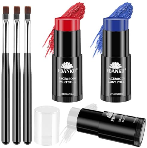 EBANKU Face Painting Stick,Camouflage Painting Colori Anallergici Professionali,Crema Sportiva Scheletro Joker Trucco Kit PitturaViso Halloween Cosplay (Bianco, rosso e blu scuro)