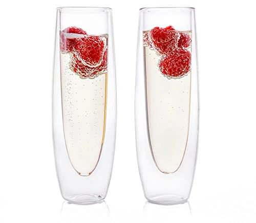 RXMORI Dubbelväggig Champagneflöjt, Set med 2 Stamlösa Champagneflöjter, 150 Ml Champagneglas för Catering, Bröllop, Fester, Barer, Familjeträffar(Transparent)
