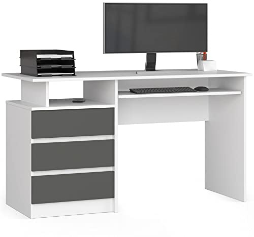 AKORD | Scrivania CLP-135 Con Ripiano per Tastiera e 3 Cassetti a Sinistra | Scrittoio per Ufficio | Per Computer PC Laptop | Salvaspazio | 135 x 77 x 60 cm, 45kg | Bianco/Grigio grafite